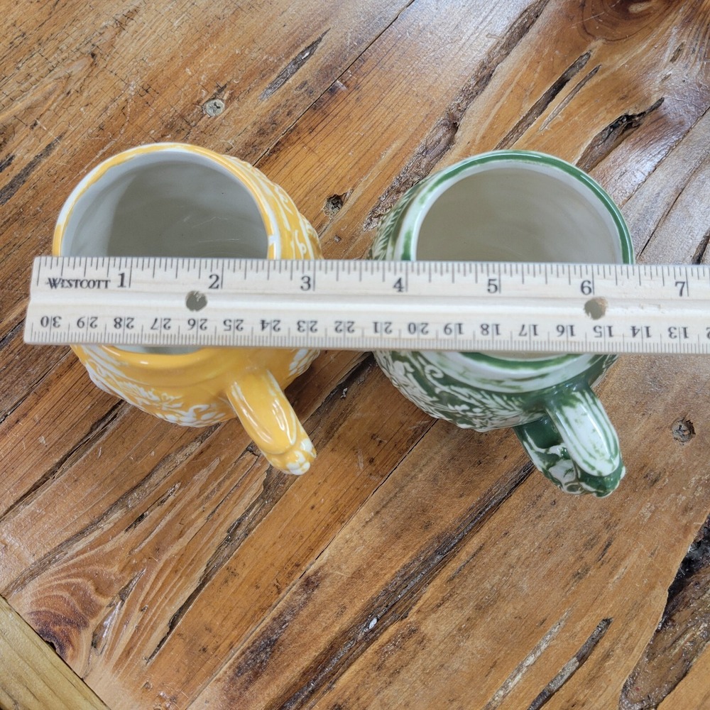 Set of 2 Vintage Mugs Green & Yellow Glazed Unique Relief Cups Signed 1970s - Picture 14 of 14